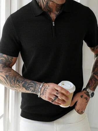 男士优质针织 Polo 衫 - 半拉链短袖，清凉舒适，夏季休闲必备，复古风