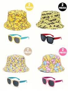 2 peças de boné de beisebol amarelo fofo e casual e óculos dobráveis para adolescentes, adequados para passeios diários, férias na praia ao ar livre, sombreamento e proteção solar