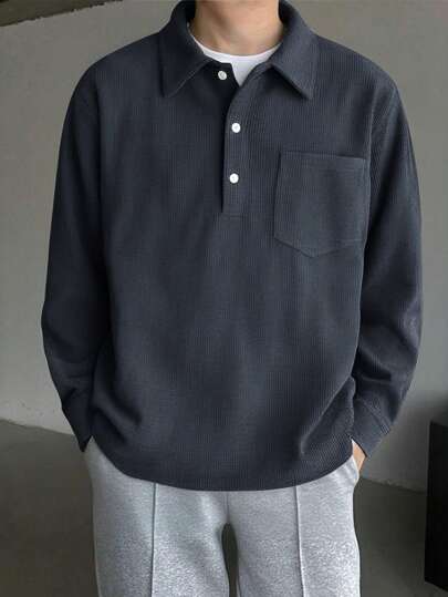 Men's Green Corduroy Turndown Collar Long Sleeve Polo Shirt, Loose Fit Casual Pullover Top For Spring & Autumn