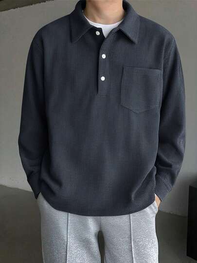 男士绿色灯芯绒翻领长袖 Polo 衫，宽松休闲套头衫，适合春秋季