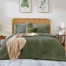 5/7 Pieces Soft Comforter Sets - Comforter, Fitted Sheet, Flat Sheet,  Pillow Shams,  Pillowcases, All Season Bedding - 橄欖綠 - 查看 1