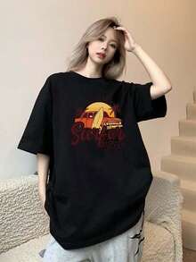 Camiseta de manga corta con estampado para mujer para el verano - Negro - Ver 1