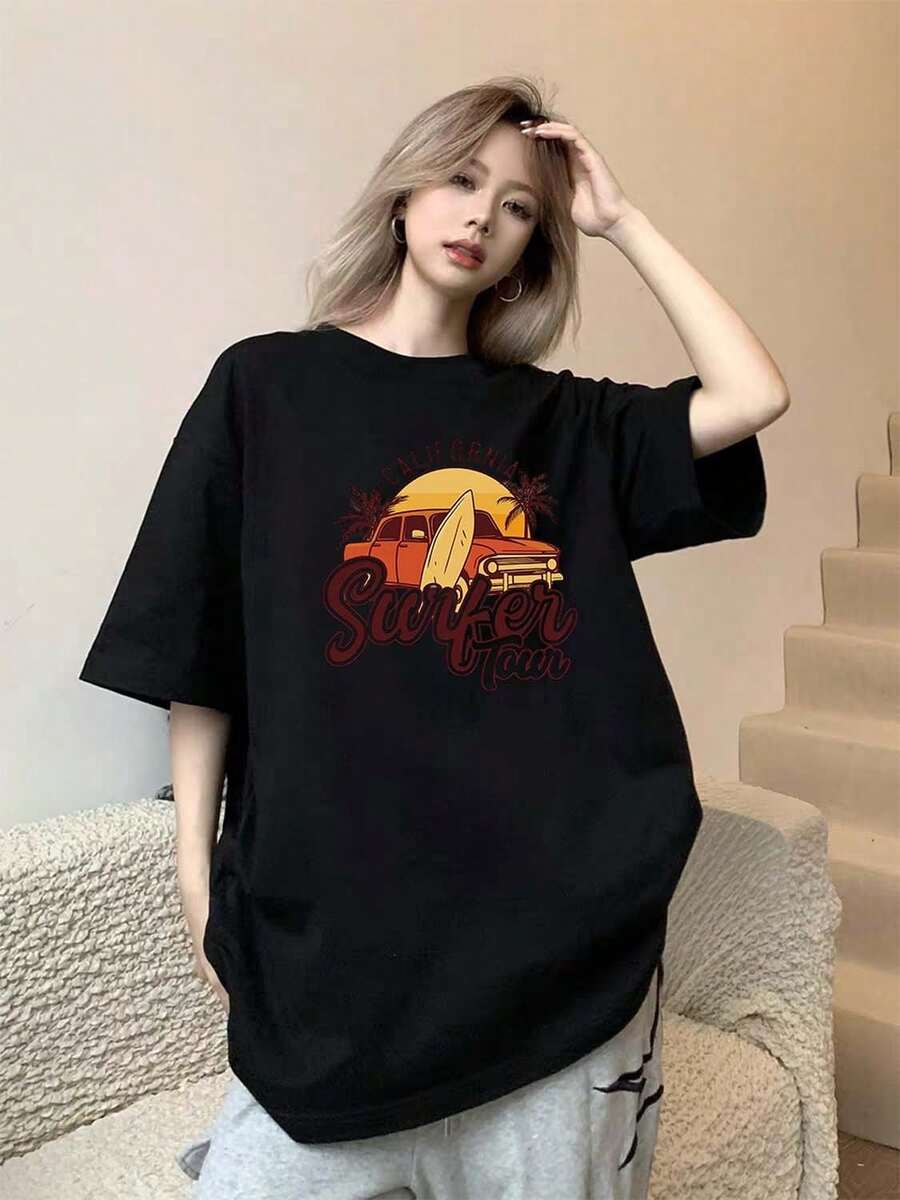 Camiseta de manga corta con estampado para mujer para el verano - Negro - Ver 1