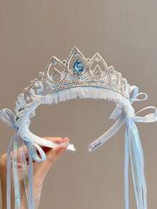 1件青少年冰雪发箍，甜美公主缎带面纱皇冠发饰 - 藍色 - 查看 3