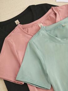 6pcs/Set Women Summer Short Sleeve Top & Pants Solid Color Casual Sleepwear Set Outfit