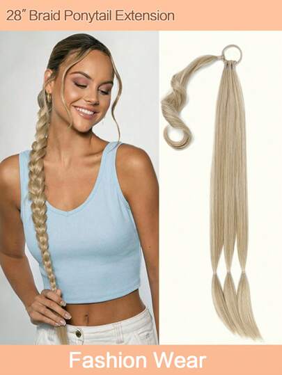 Braid Ponytail Extension With Elastic Tie Straight Sleek Wrap Around Braid Hair Extensions Ponytail Natural Soft Synthetic Hairpiece Mix Blonde 28 Inch(After Braided 26 Inch)