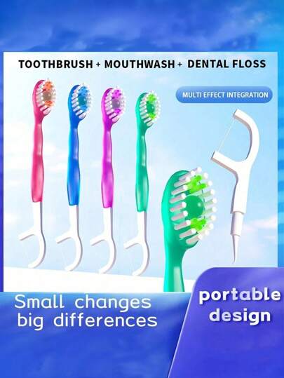 Cepillo de dientes y hilo dental portátil 5 en 1 para una limpieza bucal profunda, 8/16/32 cuentas explosivas para una limpieza de aliento fresco, cepillo de dientes y hilo dental desechables para adultos, parejas, viajes familiares, hoteles, empaquetado/bolsas de vuelta al colegio