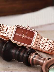 1pc Teenager's Quartz Watch With Hidden Bar Scales Square Dial Rose Gold Steel Strap, Suitable For Birthday Gift, Graduation Gift And More - Rose Gold - View 5