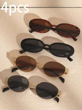 4pcs Retro Basic Elegant Women Oval Plastic & Metal Full Frame Fashion Glasses, Suitable For Party, Street, Gift, Beach Accessory