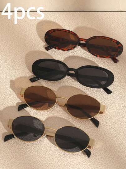 4 件装复古基本款优雅女士椭圆形塑料和金属全框时尚眼镜，适合派对、街头、礼物、沙滩配饰