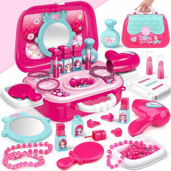 Dreamon Giocattolo per bambine, set trucco 2 in 1, giocattolo di ruolo, portagioie e trousse per il trucco, set trucco per bambine, scatola cosmetica per bambine dai 3 anni in su