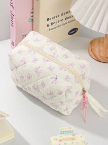 1Piece Quilted Handle Makeup Bag Small Quilted Cosmetic Bag Cute Bow Design Makeup Pouch Makeup Bag Aesthetic Travel Toiletry Bag Organizer Makeup Brushes Storage Bag For Women Bow Pencil Case For Makeup Pouch Skincare Bag Bag For School School Accessories School Stuff
