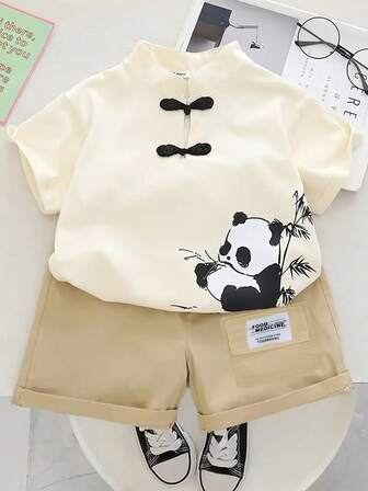 熊猫卡通男童夏季两件套-舒适中式短袖上衣+短裤，适合户外穿着