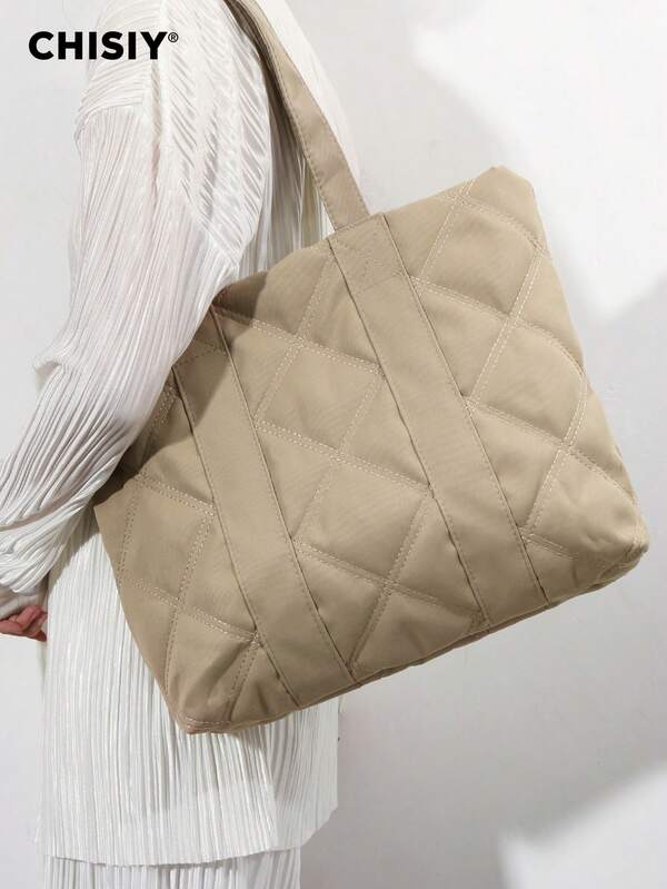 CHISIY Limited Edition 2025 Original Handmade Padded Casual Shoulder Bag, Tote Bag, Large Capacity Handbag, Essential For Shopping, Lightweight Casual Bag, Rhombus Design Accent College Tote