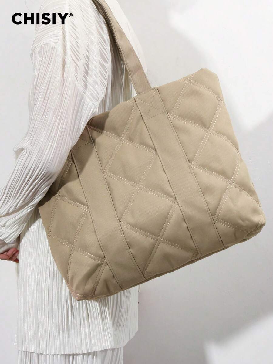 CHISIY Limited Edition 2025 Original Handmade Padded Casual Shoulder Bag, Tote Bag, Large Capacity Handbag, Essential For Shopping, Lightweight Casual Bag, Rhombus Design Accent College Tote