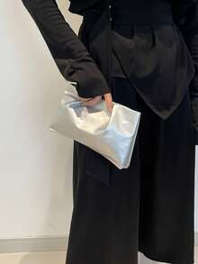 New Spring/Summer Fashion Solid Color Clutch, Pleated Cloud Purse, Solid Color Casual Envelope Bag, Makeup Bag, Travel Accessory Bag, Inner Liner Bag, Toiletry Bag, Storage Pouch - Silver - View 6