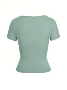 Maglia corta estiva da donna a maglia, collo quadrato, vestibilità aderente, stile Y2K, colore unito