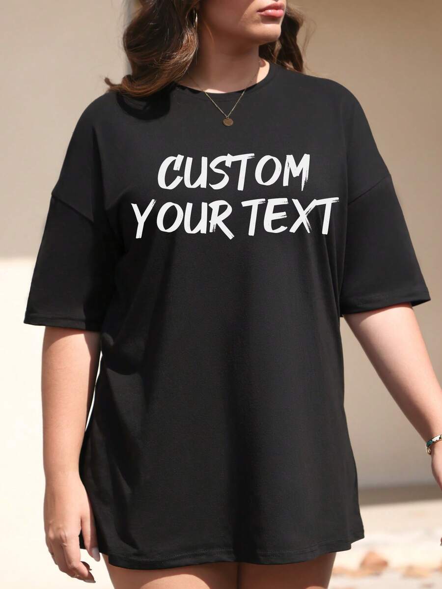 Personalized Handwritten Art Text Custom Plus Size Women T-Shirt, Input Your Name/Slogan/Anniversary Date/Message/Meaningful Text, Plus Size Women's Round Neck Loose Sporty Plus Size Casual T-Shirt, Personalized Graphic Women T-Shirt, Women Black Top, Anniversary Gift, Valentine's Day Gift, Birthday Gift, Best Friend Gift, Holiday Gift Summer - Black - View 1