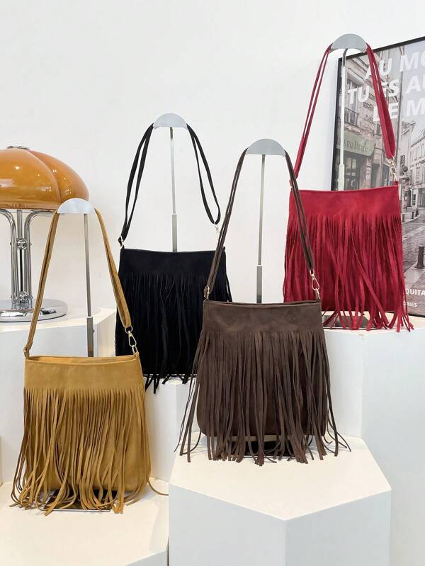 Fashion New Solid Color Suede Fringe Crossbody Bag, Street Style Commuter Handbag For Women