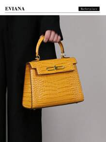 Bolso de moda para mujer de alta gama 2025, bolso de hombro/cruzado de lujo minimalista cuadrado, versátil para la oficina, de patrón de piel de cocodrilo amarillo retro y platino