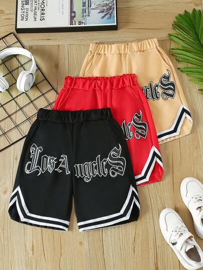 3pcs Boys' Casual Elastic Waist Printed Drawstring Shorts Set, Suitable For Spring & Summer