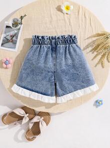 Shorts vaqueros blancos informales y lindos con dobladillo fruncido para niña, primavera/verano