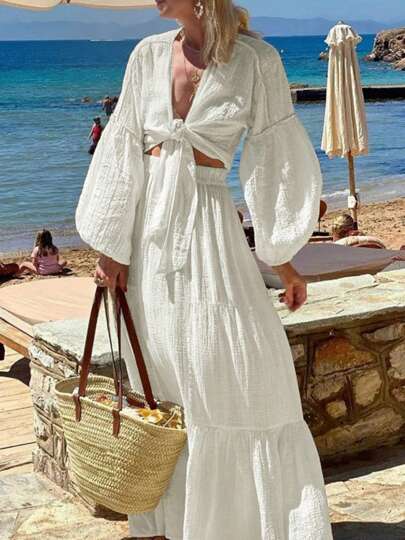 Spring And Summer New Fashion Solid Color Bohemian Ruffled Long Skirt Knotted Lantern Sleeve Top Ladies Two Pieces Suit