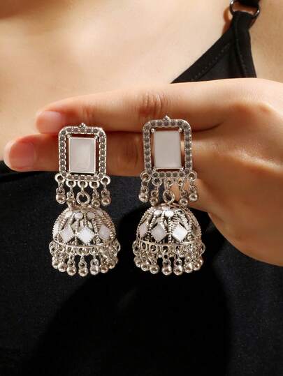1 Pair Style Retro Square Bell Tassel Elegant Women's Earrings, Suitable For Daily Accessories