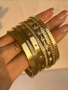 1 chiếc vòng tay sang trọng bằng thép không gỉ mạ vàng 18K chống nước dành cho nữ, thích hợp để đeo hàng ngày, đi nghỉ ở bãi biển, làm quà tặng - vòng đeo tay - Xem 3