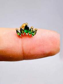 3pcs Emerald Green Zirconia Teardrop Stud Earrings, 18K Gold Plated Flower Cartilage Earrings, Stackable For Multiple Piercings, Suitable For Daily Wear - Gold-4# - View 4