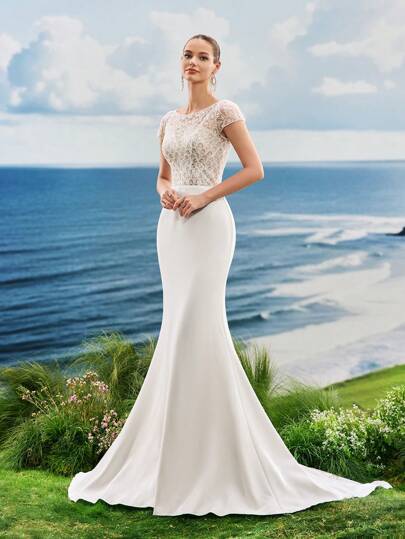 Vestido de baile formal elegante com manga curta, vestido de noiva sereia com lantejoulas e renda branca