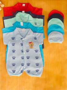 Kit 3 Macacão Infantil Ursinho Príncipe Bebê  0-3 meses com boina moda verão