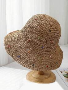 1pc Handmade Crochet Women Sun Hat, Foldable Casual Beach Visor, Fashionable Colorful Hollow Out Breathable Sunhat For Holiday, UV Protection - A - View 3