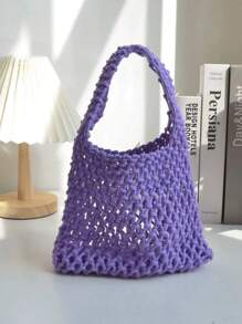1pc Bohemian Style Woven Tote Bag, Striped Woven Handbag, Beach Bag, Casual Versatile Hollow Woven Handbag, Beach Bag