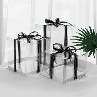 1pc White Transparent Birthday Cake Box, Party Gift Box 1-Tier, 2-Tier, 3-Tier Baking Cake Packaging Box, Includes 1pc Black Ribbon Approximately 1 Yard