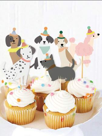 6&12 Pcs Cartoon Dog Cake Topper Flags,Reusable Pet Birthday Party Decorations For Happy Birthday Inserts, Puppy Design For Cupcakes, Dog Lover,Cake Decors