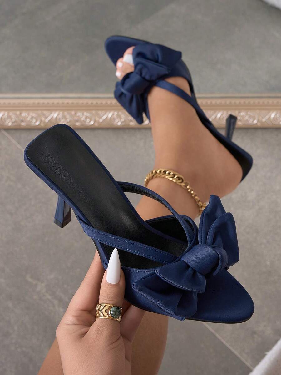 Giày cao gót mũi nhọn đính nơ trang trí cho nữ, phong cách tiệc tùng, chất liệu satin xanh navy, mùa hè và thu