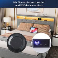 OYAJIA Polsterbett 140*200cm mit Bettkasten und Lattenrost aus Holz, Hydraulisches Stauraumbett mit LED-Kopfteil und Ladestation, Bett für Schlafzimmer und Gästezimmer, Leinen, Grau