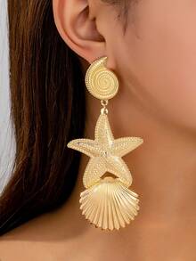 2pcs Fashion Starfish Shell Snail Type Earrings Suitable For Women, Resort Party Wear - Yellow Gold - View 7