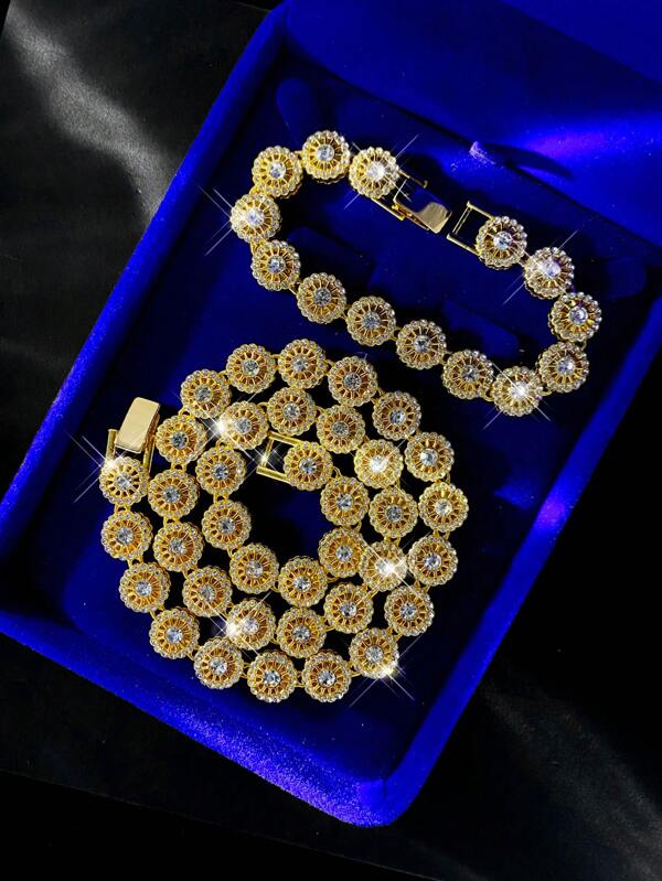 2pcs/Set Rhinestone Chrysanthemum Unisex Necklace And Bracelet, Matching Couples Hip Hop Accessories