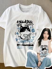 女士休闲圆领宽松日系字母猫咪印花短袖T恤，春夏 - 白色 - 查看 1