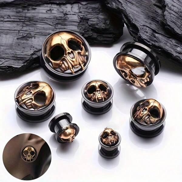 European & American Style Black Stainless Steel Piercing Tunnel Plugs, Retro Golden Skull Ear Gauge Jewelry, Ear Plugs