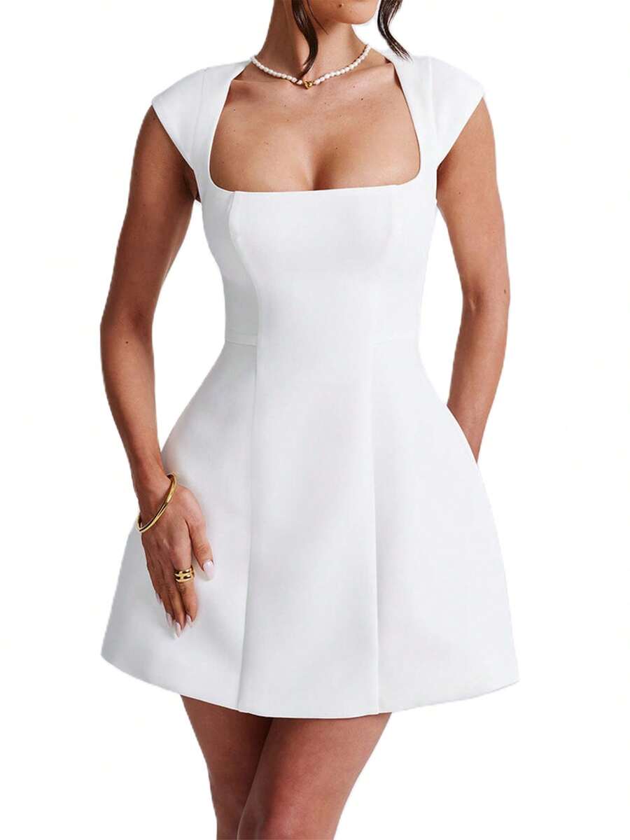 Women's Square Neck Cap Sleeve Fully Lined Mini Dress Zipper A Line Party Club Dresses A Line Party Club Dresses - 白色 - 查看 1