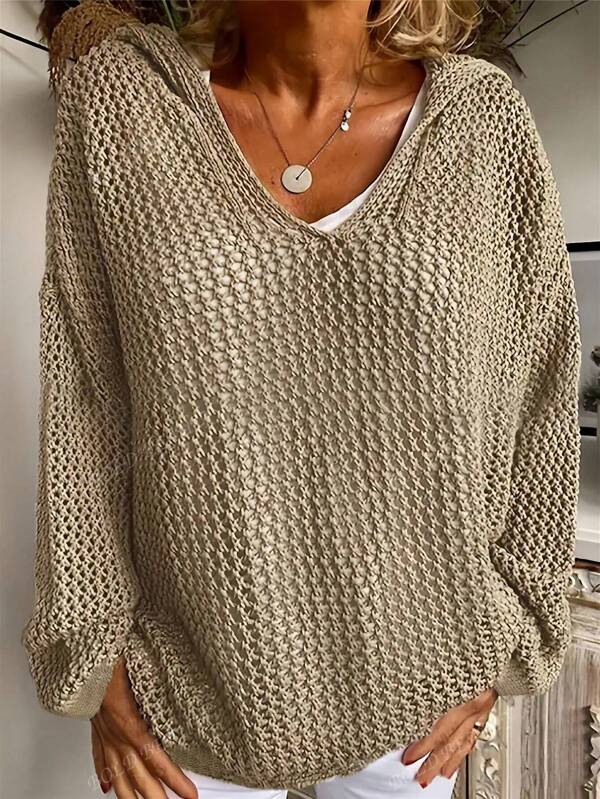 Plus Size Women's Solid Drop Shoulder Long Sleeve Hollow Out Hooded Sweater
