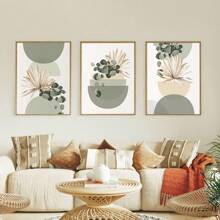 3pcs Bohemian Wall Arts Abstract Beige & Green Plant Eucalyptus Geometric Wall Art Posters, Green Medieval Modern Botanical Bohemian Wall Decor, Ideal Gift For Bedroom, Living Room, Hallway, Mint Green Geometric. Optional Frame