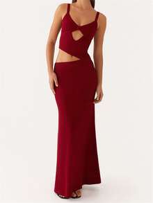 Vestido camisola largo para mujer, sin mangas, con escote en V, corte entallado, espalda descubierta y bajo calado, vestido largo de verano, ideal para cócteles. - Burdeos - Ver 3
