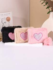 Cute Plush Coin Purse, Heart Embroidered Zipper Wallet, Short Purse Clutch, Heart-Shaped Card Holder Keychain, Best Gift For Girls - Multicolor - View 2