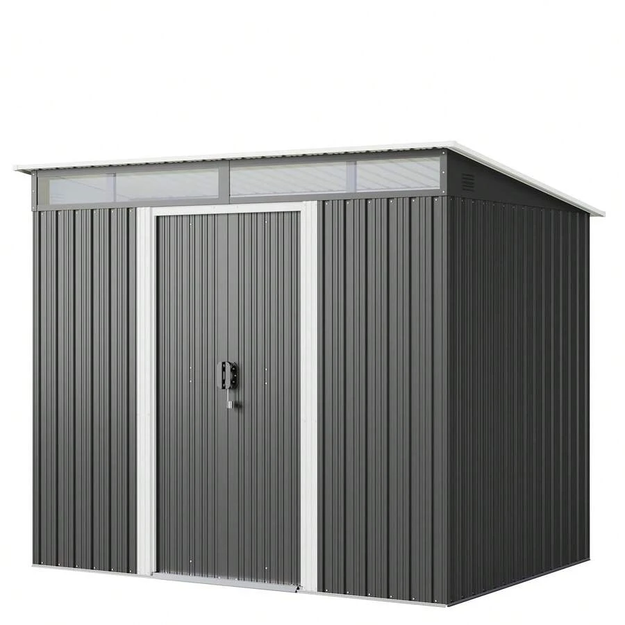 Lofka 8' X 6' Outdoor Storage Shed, Versatile Metal Garden Shed, Outdoor Storage Tool Shed, With Sliding Doors, Transparent Panel Windows, Anchors, Outdoor Storage Shed For Backyard, Patio - 灰色 - 查看 1