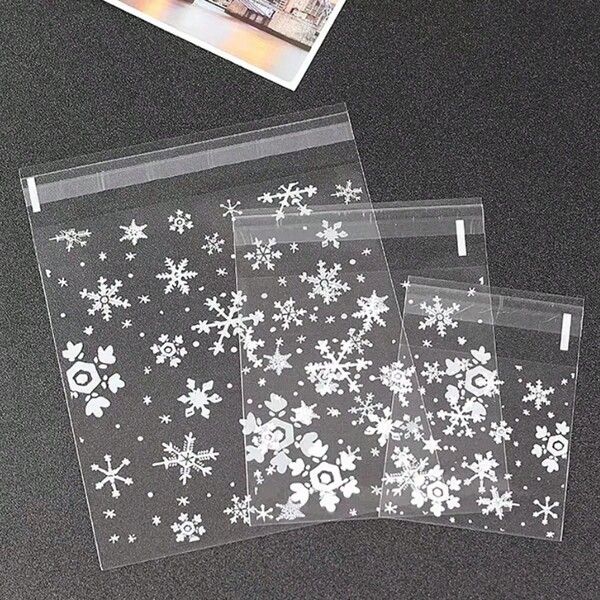 100pcs DIY Jewelry Plastic Bags With Cute Panda Pattern, Self-Adhesive Packaging Bags In 3 Sizes, "Have A Nice Day" Greeting, Snowflake Christmas Gift Wrapping Printed Bags, OPP Bags Suitable For Christmas Party Gifts, Holiday Gifts Packaging And Seasonal Packagings