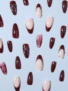 24Pcs 3d Gelnails Makes Bow Design Red French Tip Press On Nails Almond Design Fit Perfectly Acrylic False Nails Set,Embellished With Rhinestone,Include: 1pc Jelly Glue And 1pc Nail File, Valentine Nails & French Almond Tip Nails For Woman Girl Daily Wear Rave Party Use